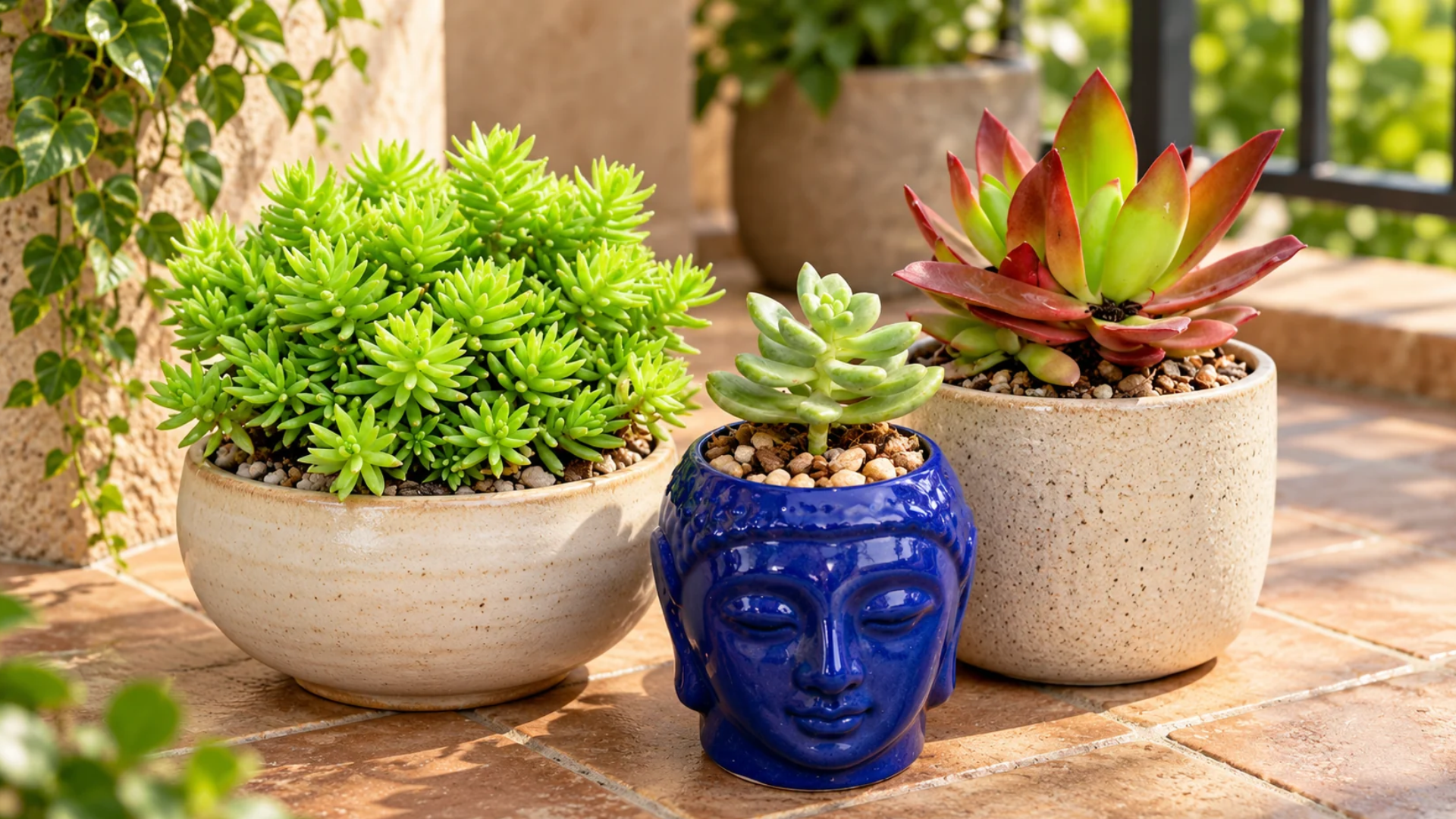 Sedum, moonstone and red pagoda succulents in three pots, including a blue Buddha-face planter