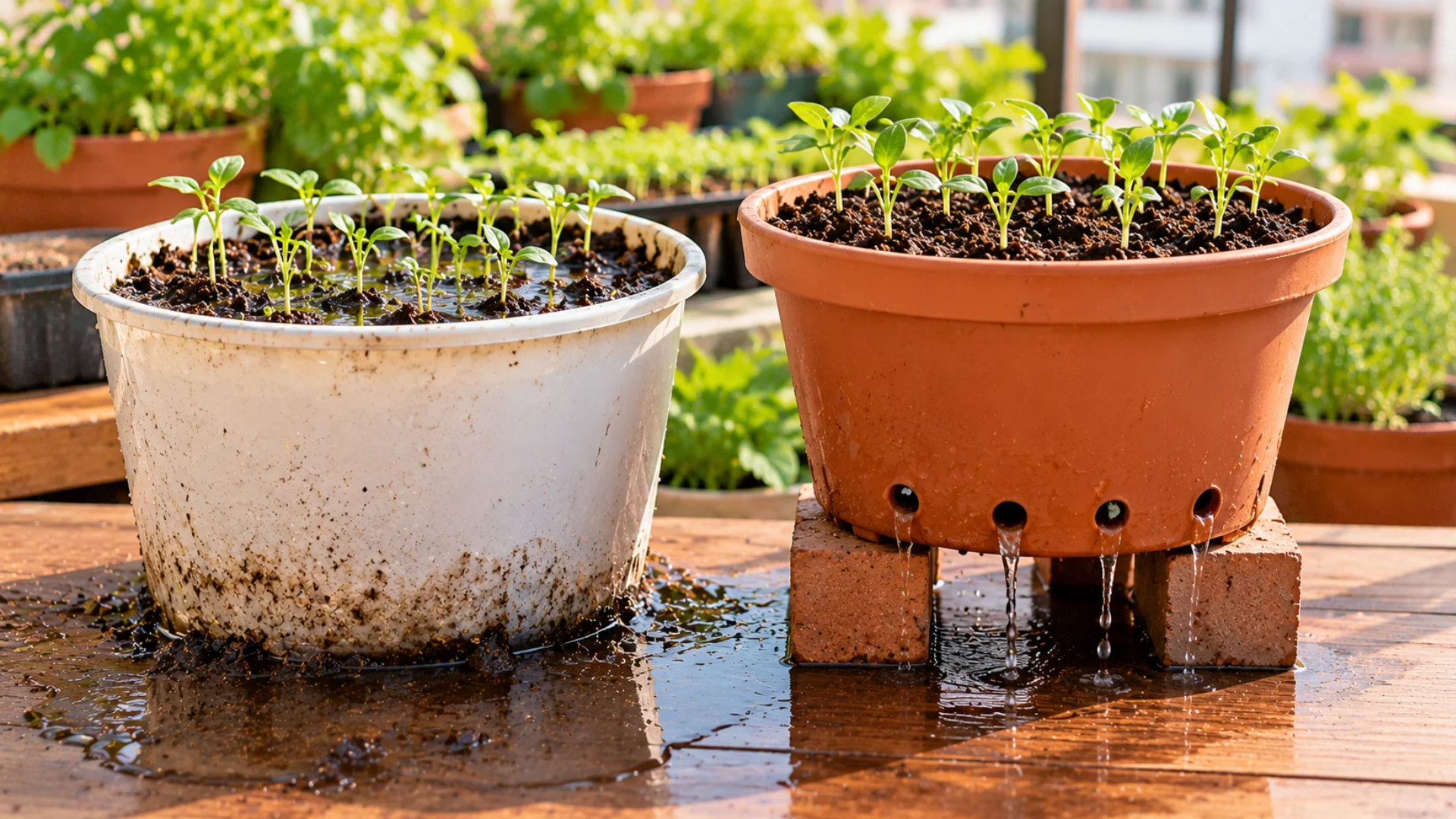 Seedling containers showing poor and proper drainage