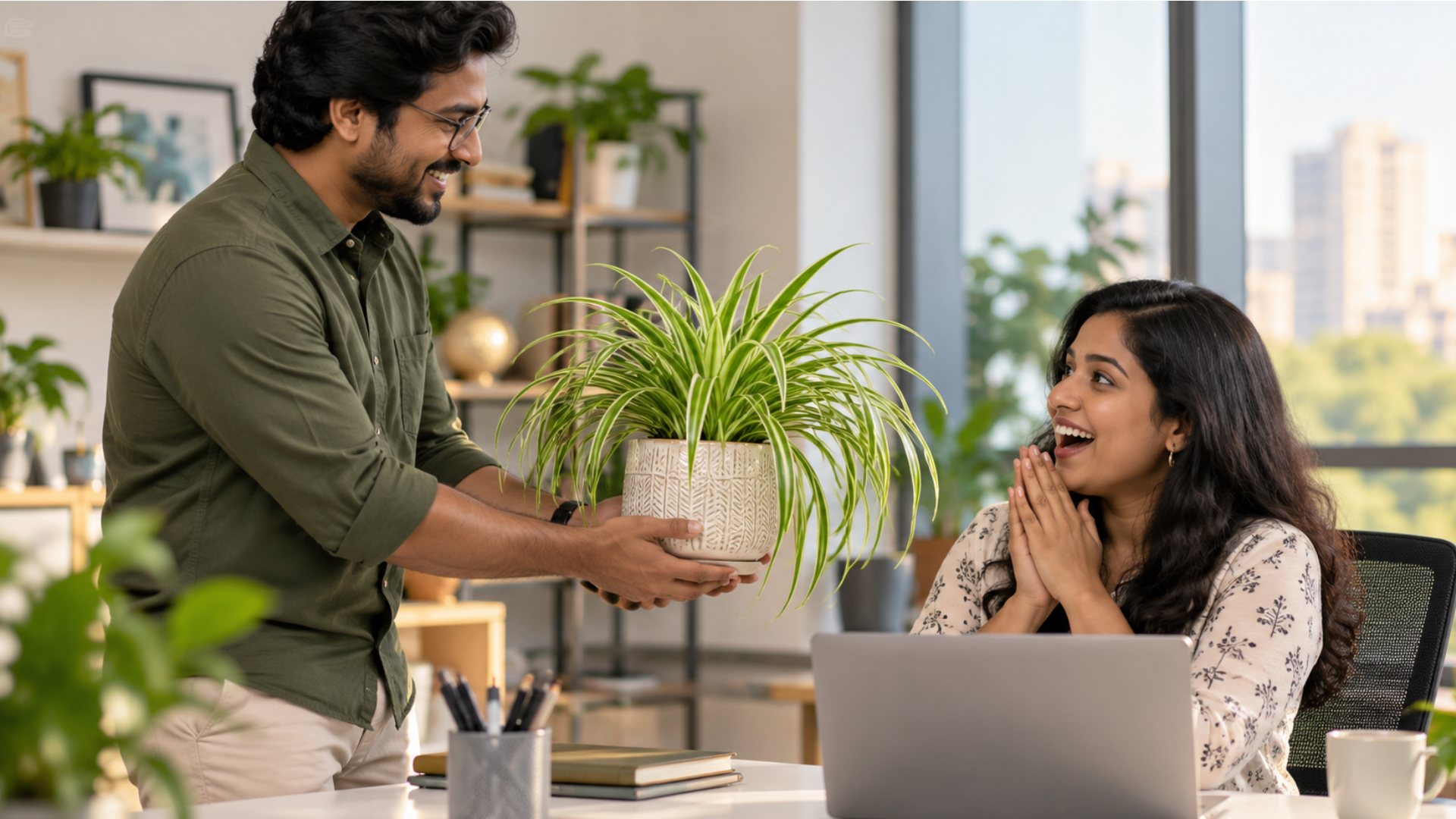Coworker surprises colleague with spider plant