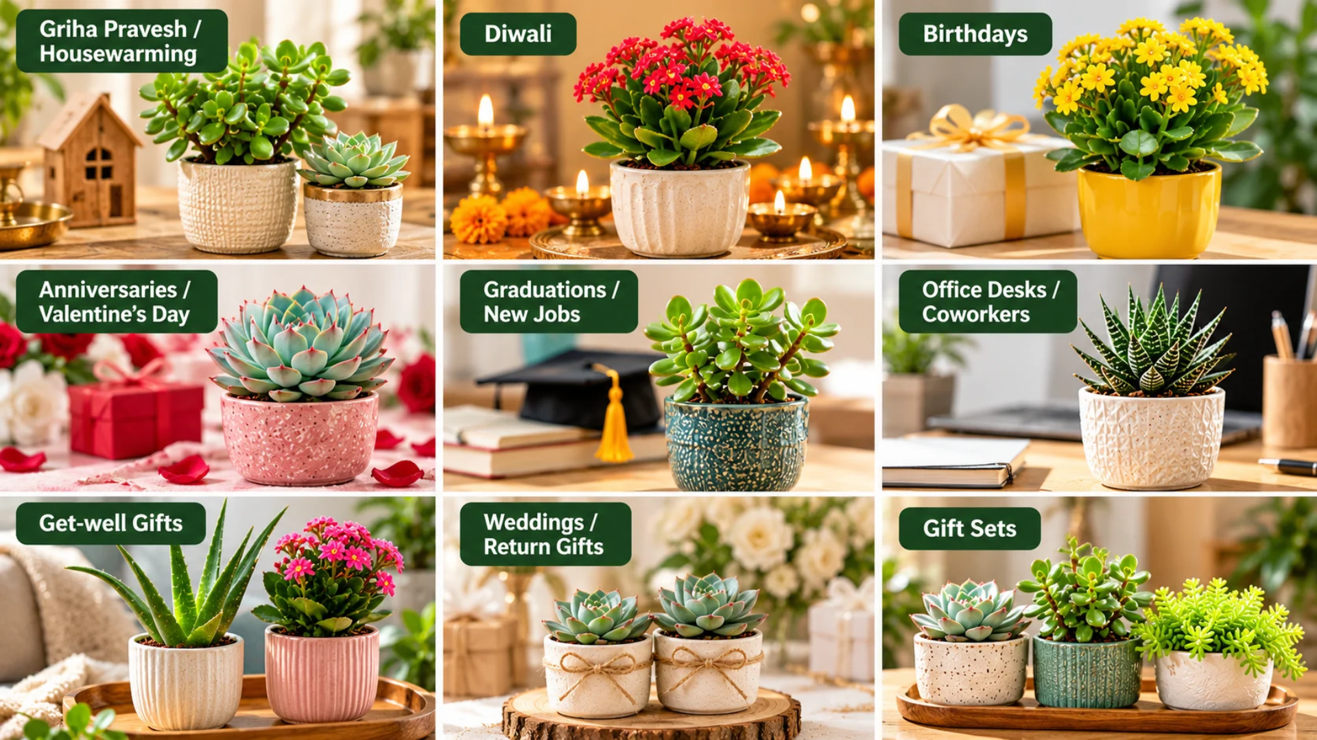 Nine labelled succulent gift ideas for Griha Pravesh, Diwali, birthdays, anniversaries, graduations, office desks, get-well gifts, weddings and gift sets