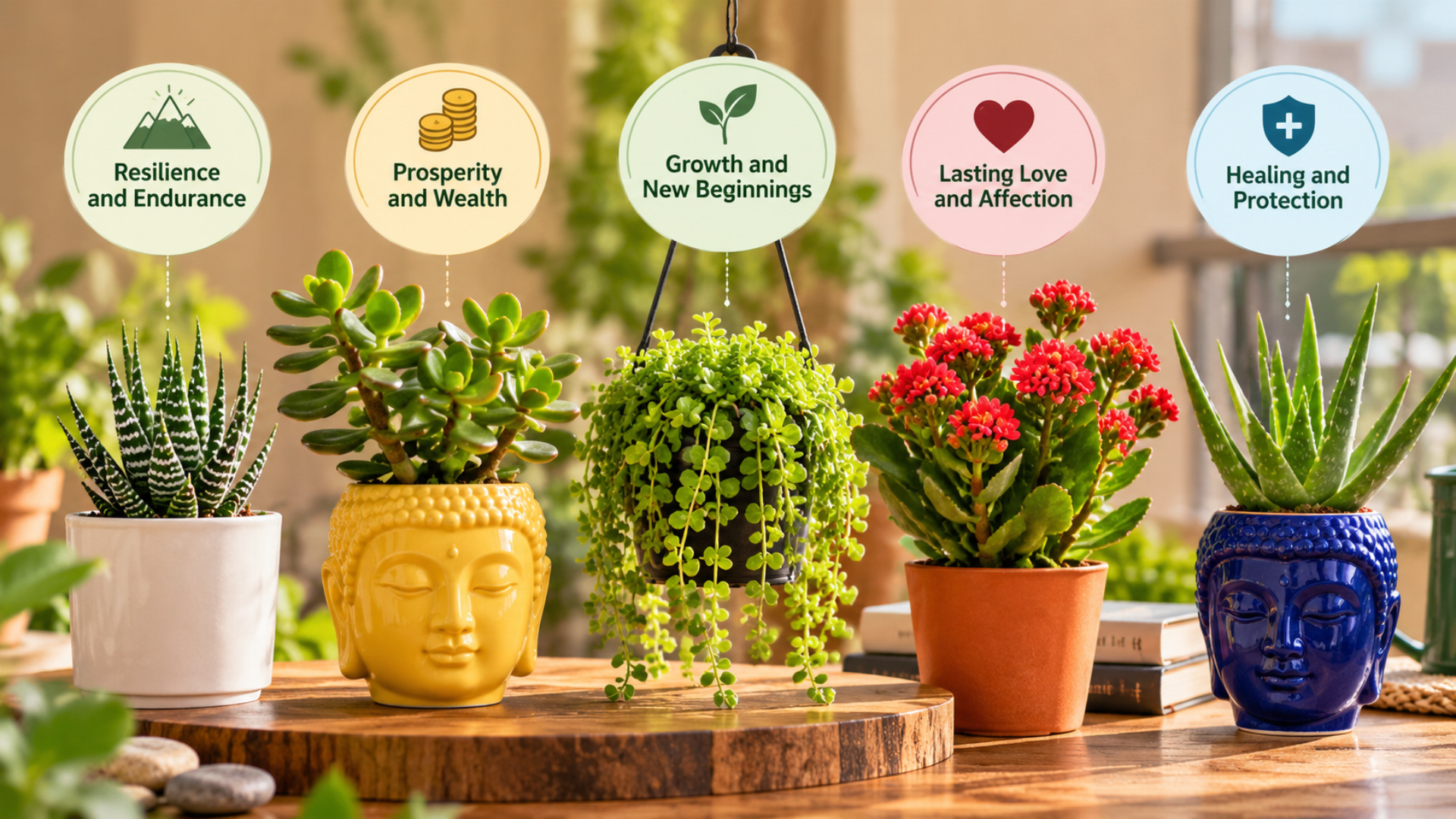 Five potted succulents labelled with their meanings: resilience, prosperity, growth, lasting love and healing