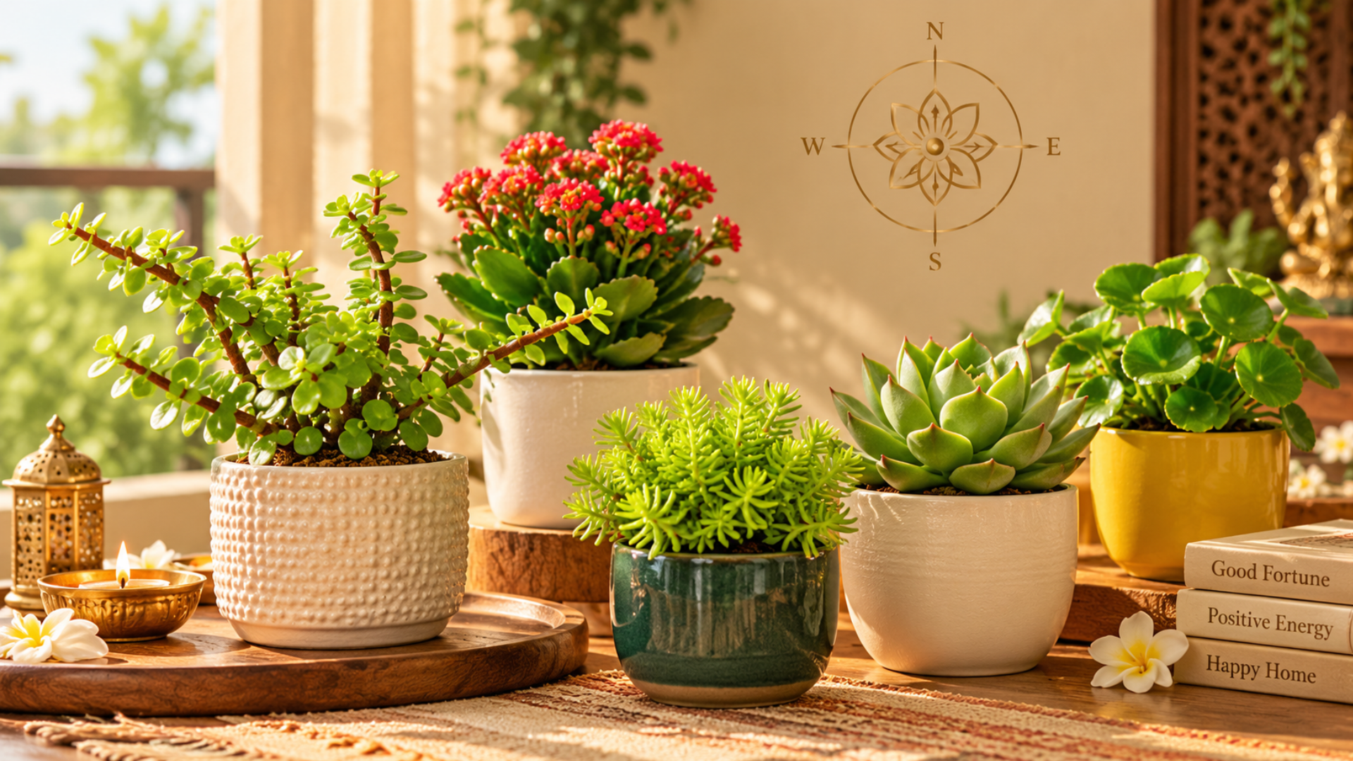Jade, kalanchoe, sedum, echeveria and other succulents arranged near a Vastu direction compass and a brass diya