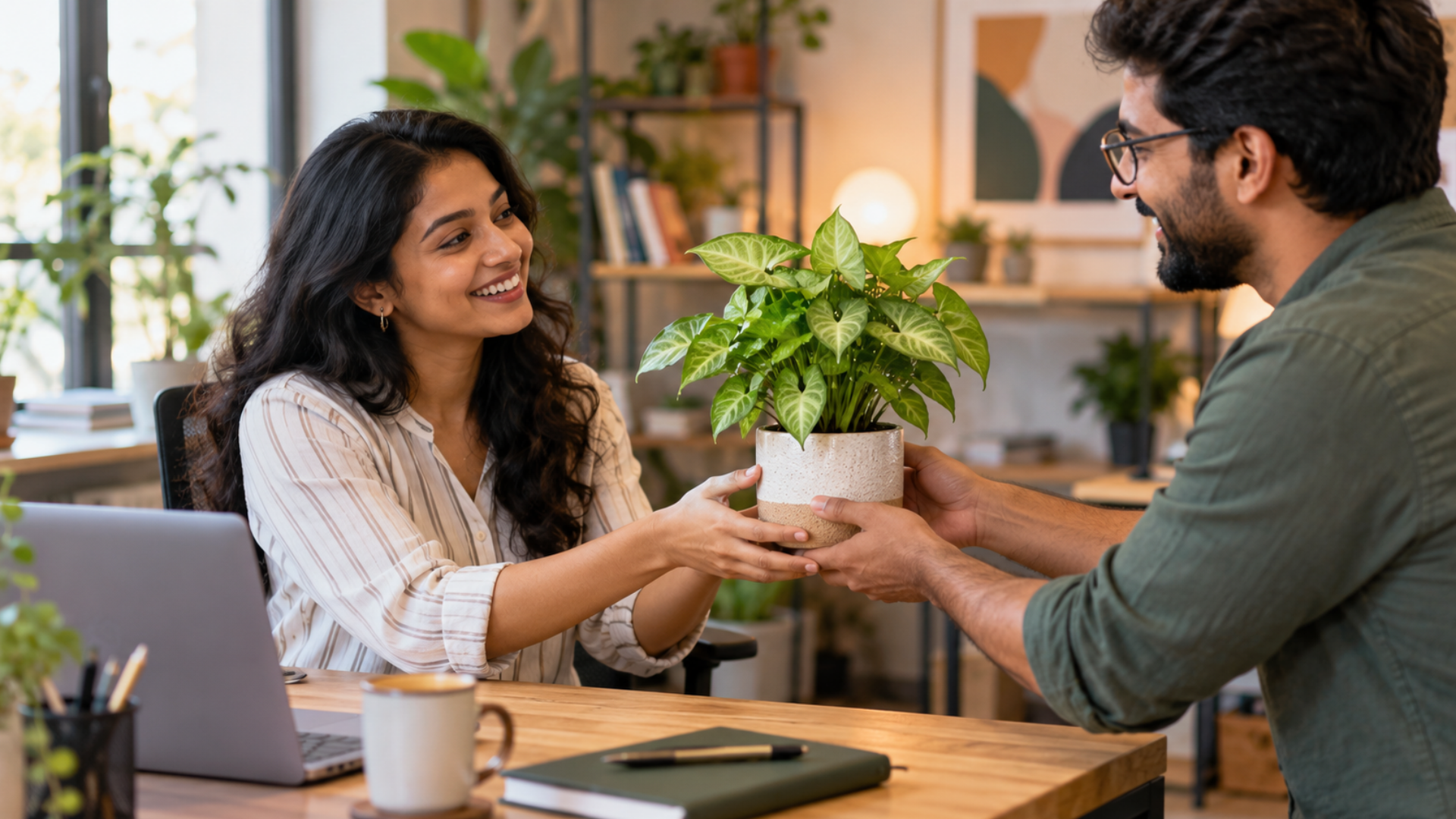 Coworkers exchange small green syngonium plant