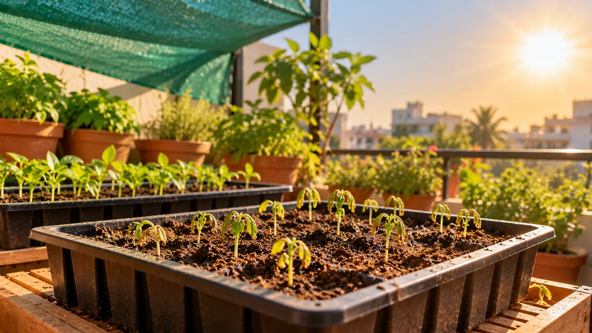 Winter seedlings wilting under intense afternoon sunlight