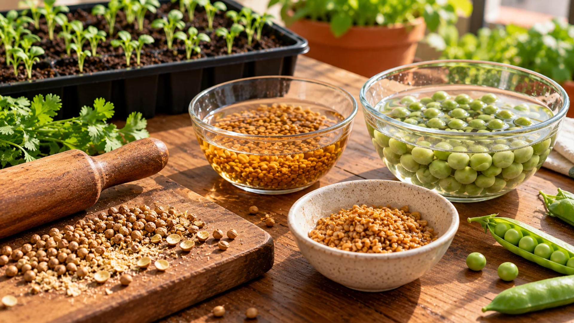 Coriander, methi and peas prepared for sowing