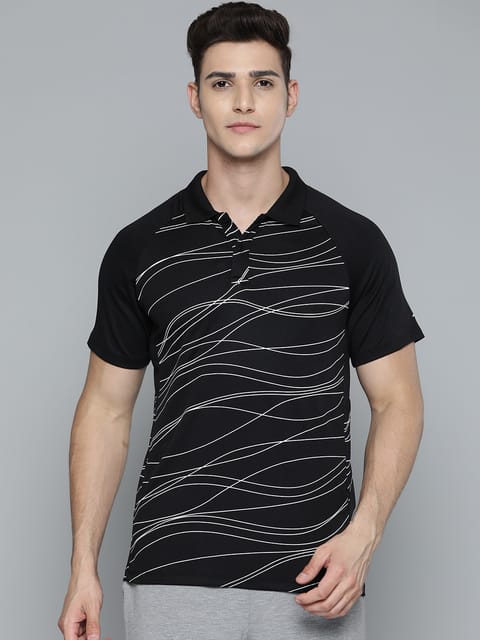 Alcis Men Black  White Striped Polo Collar T-shirt