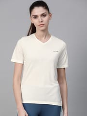 Alcis Women Off-White Solid V-Neck High-Low Training T-shirt - Quick-Dry