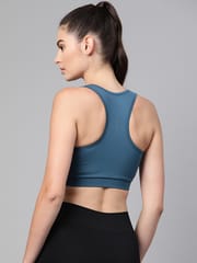 Alcis Teal Blue Solid Non-Wired Removable Padding Workout Bra
