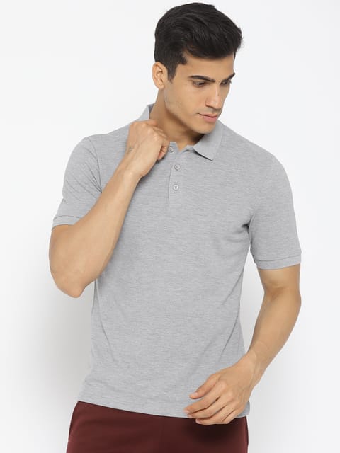 Alcis Men Grey Melange Solid Slim Fit Polo Collar T-shirt - Quick-Dry