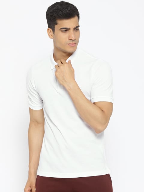 Alcis Men White Solid Polo Collar T-shirt - Quick-Dry