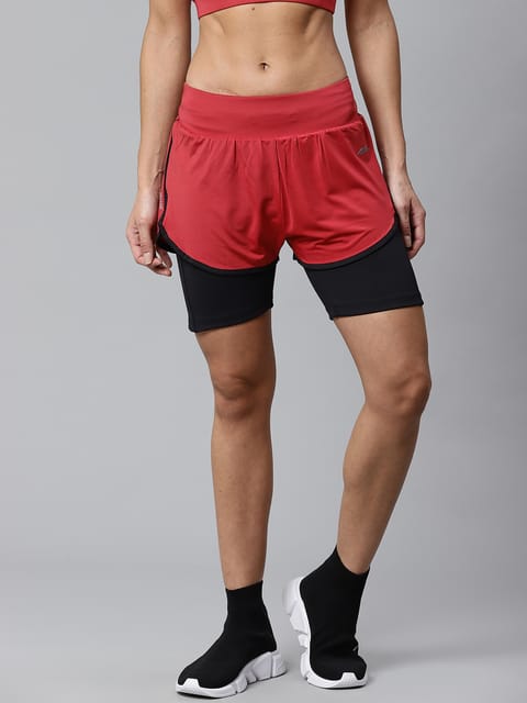 Alcis Women Maroon  Black Colourblocked Regular Fit Sports Shorts - Quick-Dry