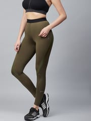 Alcis Women Olive Green Solid Knitted Running Tights - Quick-Dry