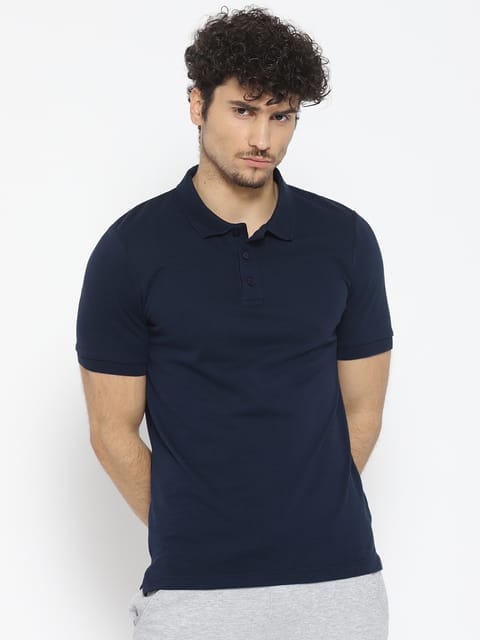 Alcis Men Navy Blue Solid Polo Collar T-shirt - Quick-Dry