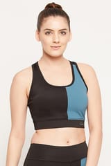 Clovia Medium Impact Padded Non-Wired Colourblock Sports Bra in Black with Removable Cups - Quick-Dry
