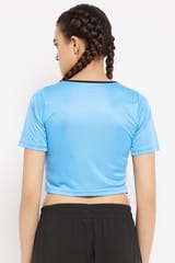 Clovia Comfort-Fit Active Cropped T-shirt in Light Blue with Yoke Panel - Quick-Dry