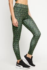 Clovia Snug Fit Active High-Rise Full-Length Printed Tights in Green - Quick-Dry