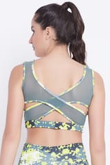 Clovia Medium Impact Padded Non-Wired Printed Sports Bra in Light Grey with Removable Pads