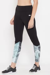 Clovia Activewear Ankle Length Printed Sports Tights Blue  -Quick-Dry