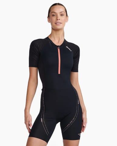 2XU Womens Aero Sleeved Trisuit Black/Hyper Coral