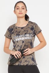 Clovia Comfort-Fit Active Text Print T-shirt in Olive Green with Reflective Sticker - Quick-Dry