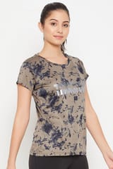 Clovia Comfort-Fit Active Text Print T-shirt in Olive Green with Reflective Sticker - Quick-Dry
