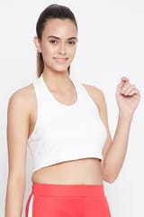 Clovia Padded Active Crop Top in White with Halter Neck - Quick-Dry