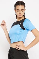 Clovia Comfort-Fit Active Cropped T-shirt in Light Blue with Yoke Panel - Quick-Dry
