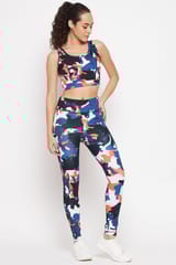 Clovia Snug Fit Ankle-Length High-Rise Active Camouflage Print Tights in Blue - Quick-Dry