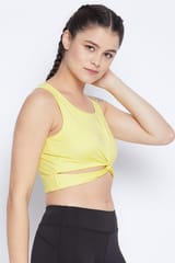Clovia Snug Fit Active Crop Top with Twist Knot Yellow - Quick-Dry