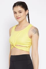 Clovia Snug Fit Active Crop Top with Twist Knot Yellow - Quick-Dry