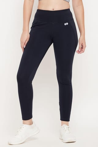 Clovia Snug Fit Active Tights in Navy with Reflective Logo Blue - Quick-Dry