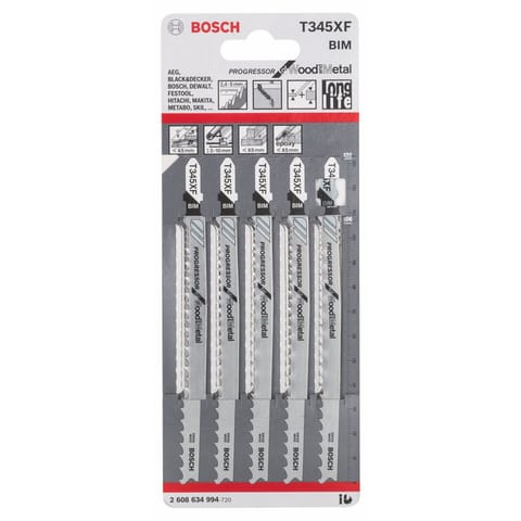 Bosch Jigsaw Blades For Stainless Steel /Fiber/Plaster/Ceramics and Acrylic T345XF BIM Progressor f.Wood+Metal 5Pack-2608634994