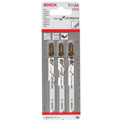 Bosch Jigsaw Blades For Stainless Steel /Fiber/Plaster/Ceramics and Acrylic T113A HCS Special f. Soft-Materials 3Pck-2608635177