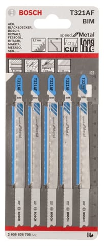 Bosch Jigsaw Blades For Stainless Steel /Fiber/Plaster/Ceramics and Acrylic T321AF BIM Speed for Metal 5Pack-2608636705