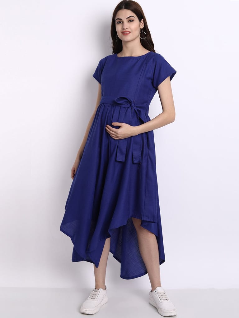 Solid Blue Maternity & Nursing Maxi Dress with a belt and pockets Regular price Rs. 999.00