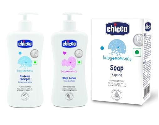 Chicco Shampoo 500 Ml, Chicco Body Lotion 500 Ml, Chicco Soap 125 gm Baby Moments - Combo