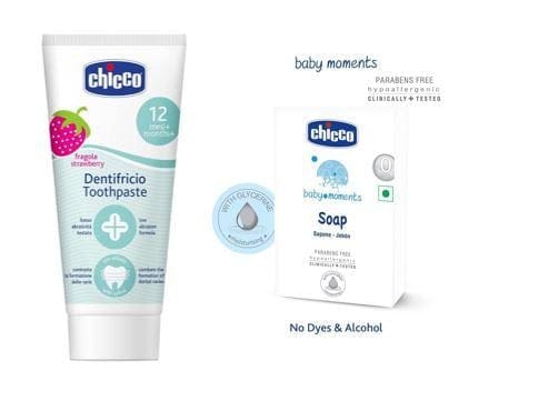 Chicco Toothpaste, Strawberry Flavour for 12m, Chicco Soap 75 Gr Baby Moments, - Combo