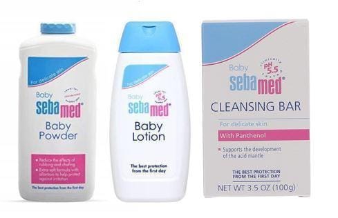 Sebamed Baby Powder 400Gm & BABY CLEANSING BAR [USV] SOAP (100 gram) & Baby Lotion 100Ml Combo