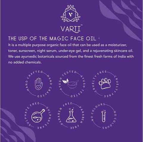 VARTI-AYUSH Certified, Parabens & Sulphate Free Magic Face Oil, 100% Organic & Chemical free - 10ml