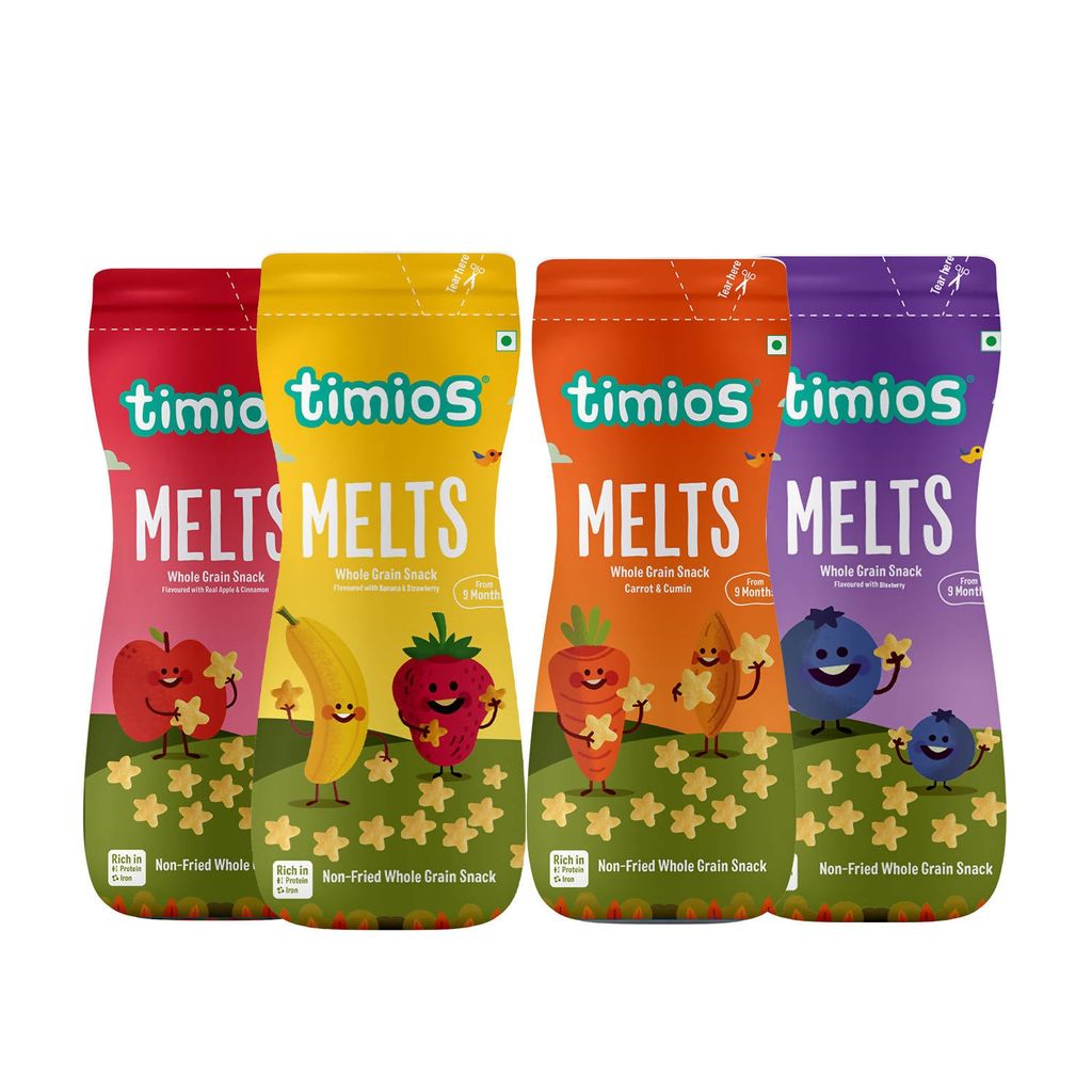 Timios Melts Value Pack (Carrot & Cumin+Apple & Cinnamon+Banana & Strawberry+Blueberry) Pack of 4