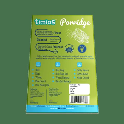 Timios Porridge - Organic Rice, Dal & Spinach, Healthy and, Nutritious for Babies 8+ Months, 200g