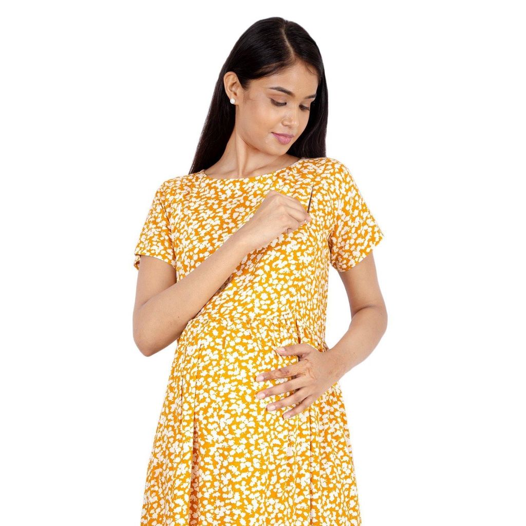 YASHRAM Morph Maternity Women's Rayon Flared Maternity Dress - Yellow
