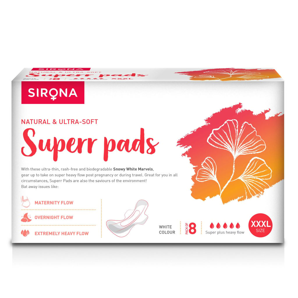 Sirona Natural Ultra Soft Super Pads - 8 Pieces (420mm) for Maternity Flow, Extremely Heavy Flow