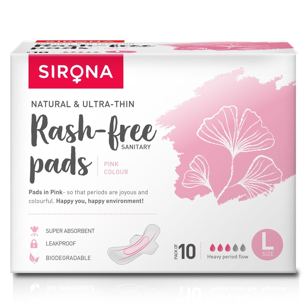 Sirona Natural Biodegradable Super Soft Pink Sanitary Pads/Napkins - 10 Pieces, Large (L)
