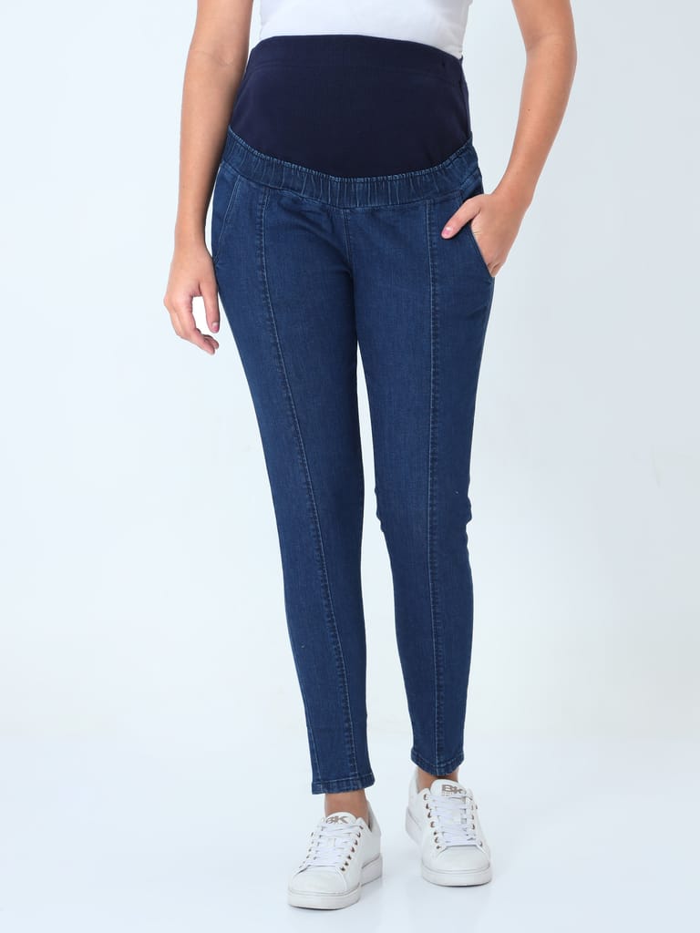 Elasticated Waist Paneled Maternity Denims with Belly Support