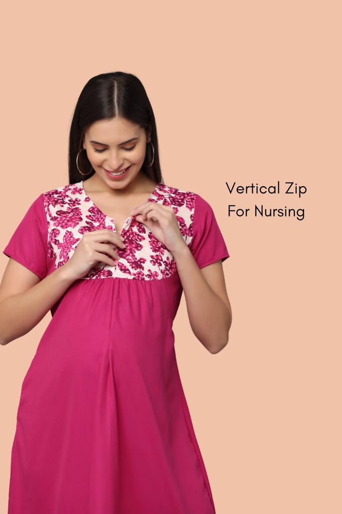 Morph maternity Pink Upper Yoke Printed Fabric Rayon Feeding Gown