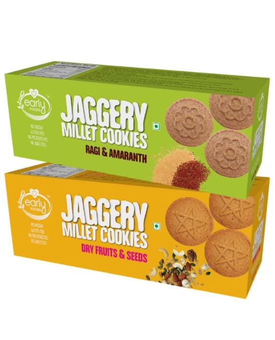 Early Foods Assorted Pack of 2 - Dry Fruit & Ragi Amaranth Jaggery Cookies X 2, 150g each