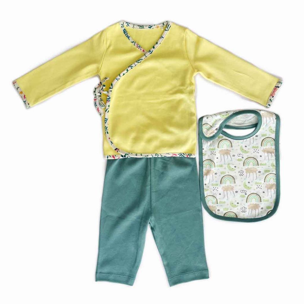 Tiny Lane Adorable and Comfortable Baby Clothing "Lime & Lemony Sets" - Yellow Jhabla, Teal Pant, & Rainbow Bib