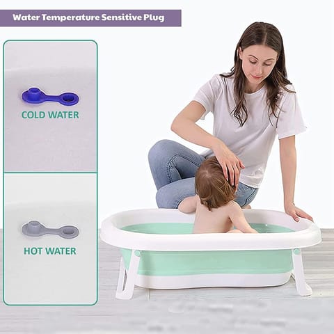 Safe-O-Kid Baby Foldable Bathtub with Temperature Plug with 1 No Tear & Adjustable Shampoo Hat