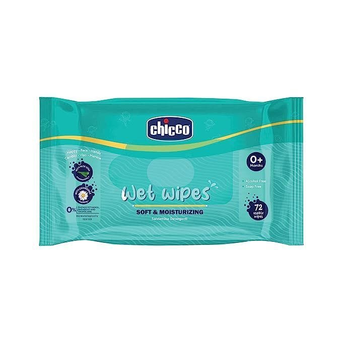 Chicco Soft Cleansing Wet Baby Wipes, Ideal for Nappy, Face and Hand, Dermatologically Tested, Paraben Free, Sticker Pack 72 Sheets per Pack